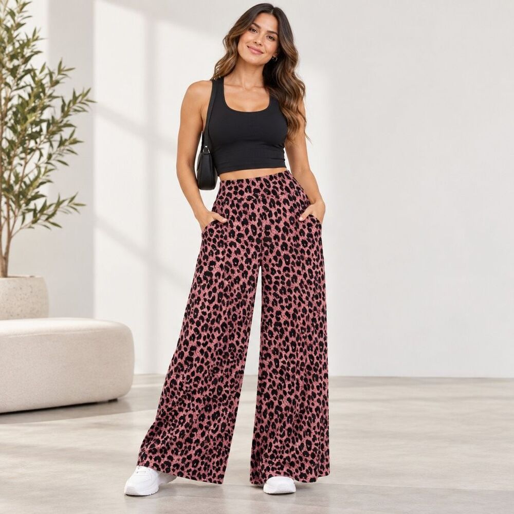 Halara Womens Blush Panther Pink Leopard High Waist Wide Leg Pants Large